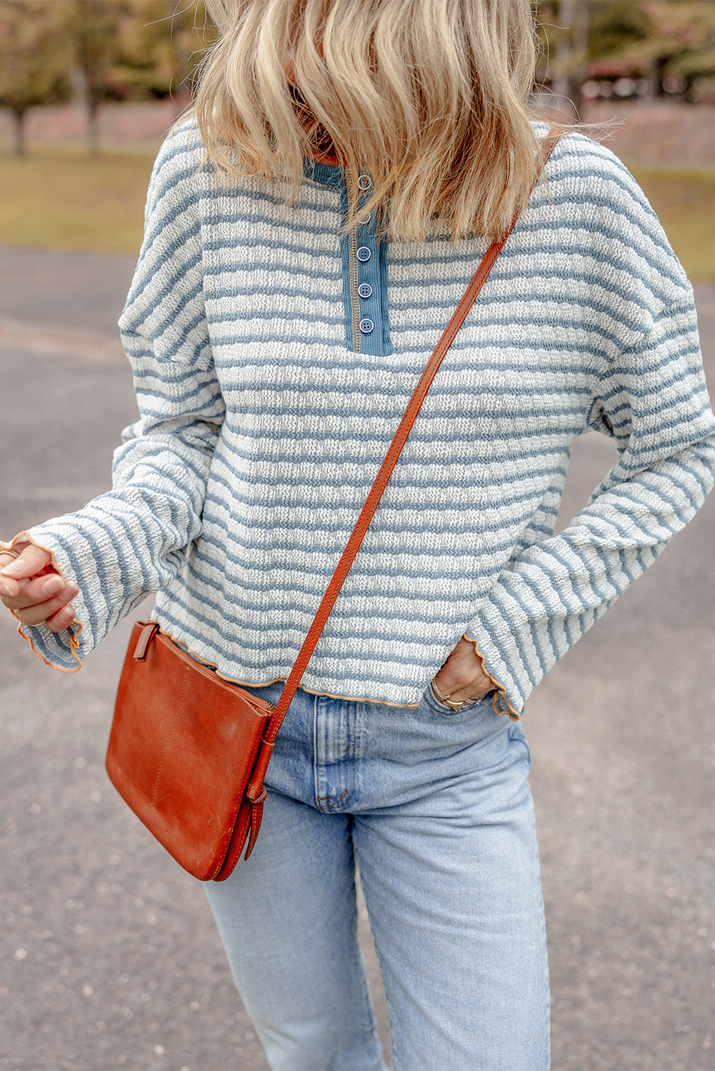 Brown Stripe Textured Long Sleeve Top