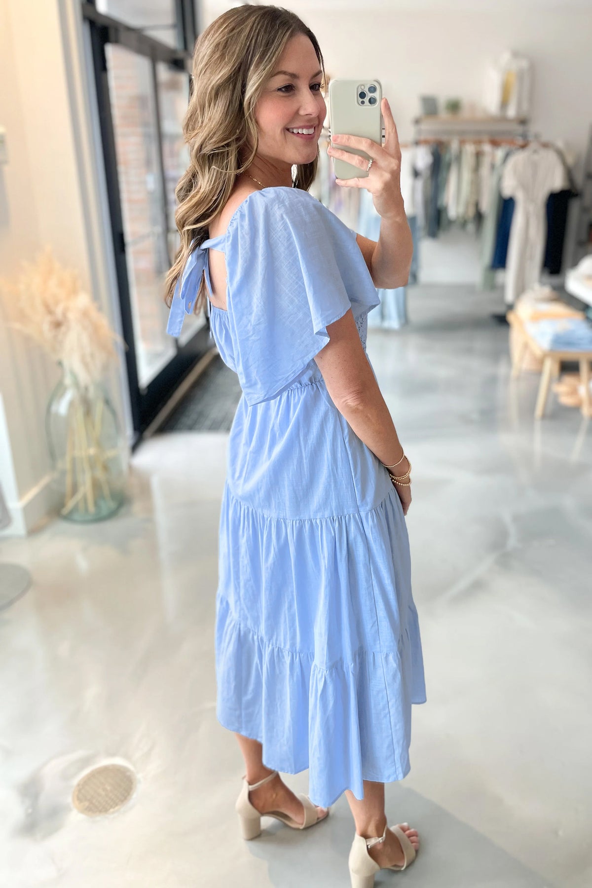 Beau Blue Flowy Short Sleeve Midi Dress