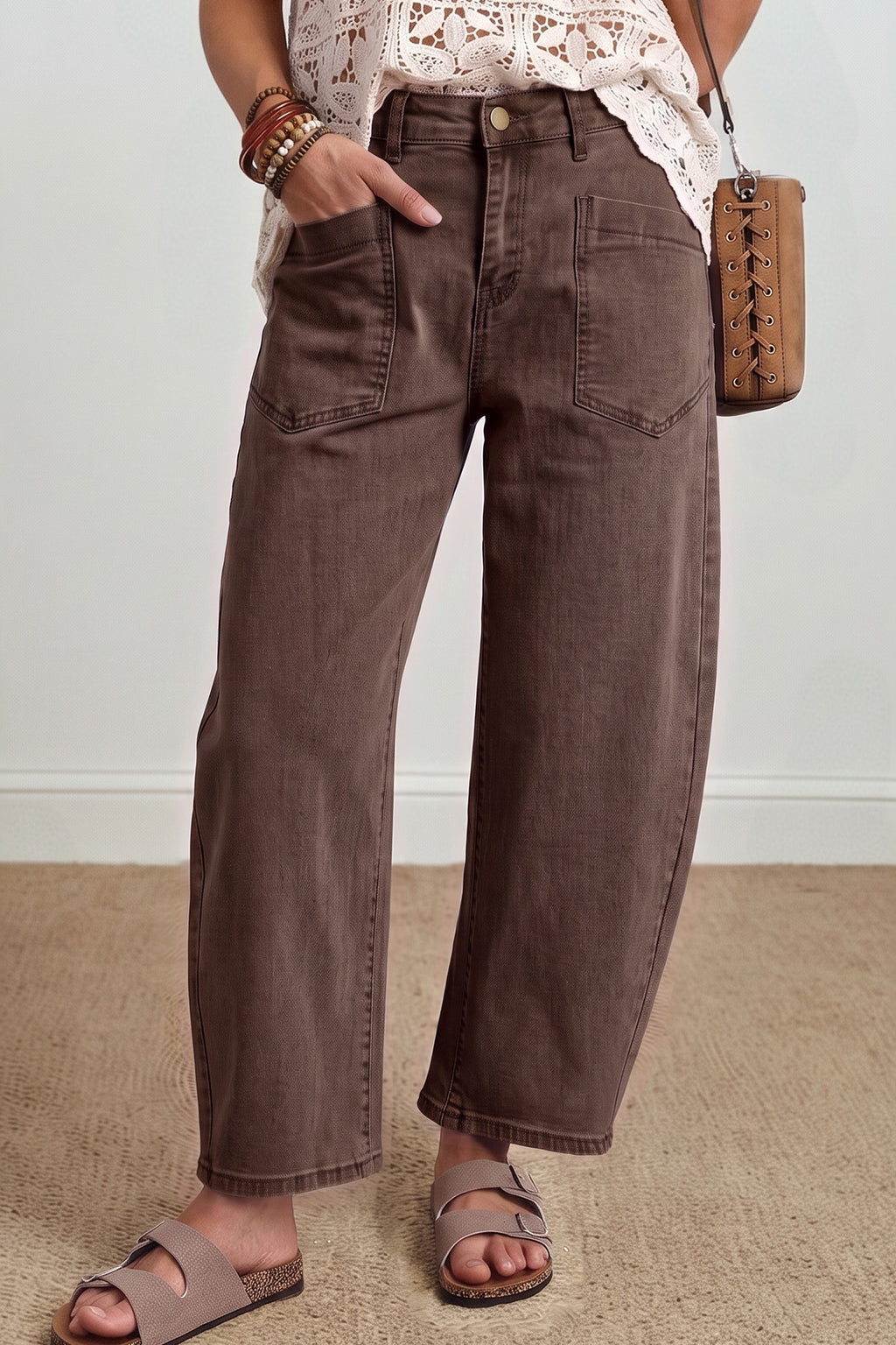 Coffee Solid Color Barrel Jeans