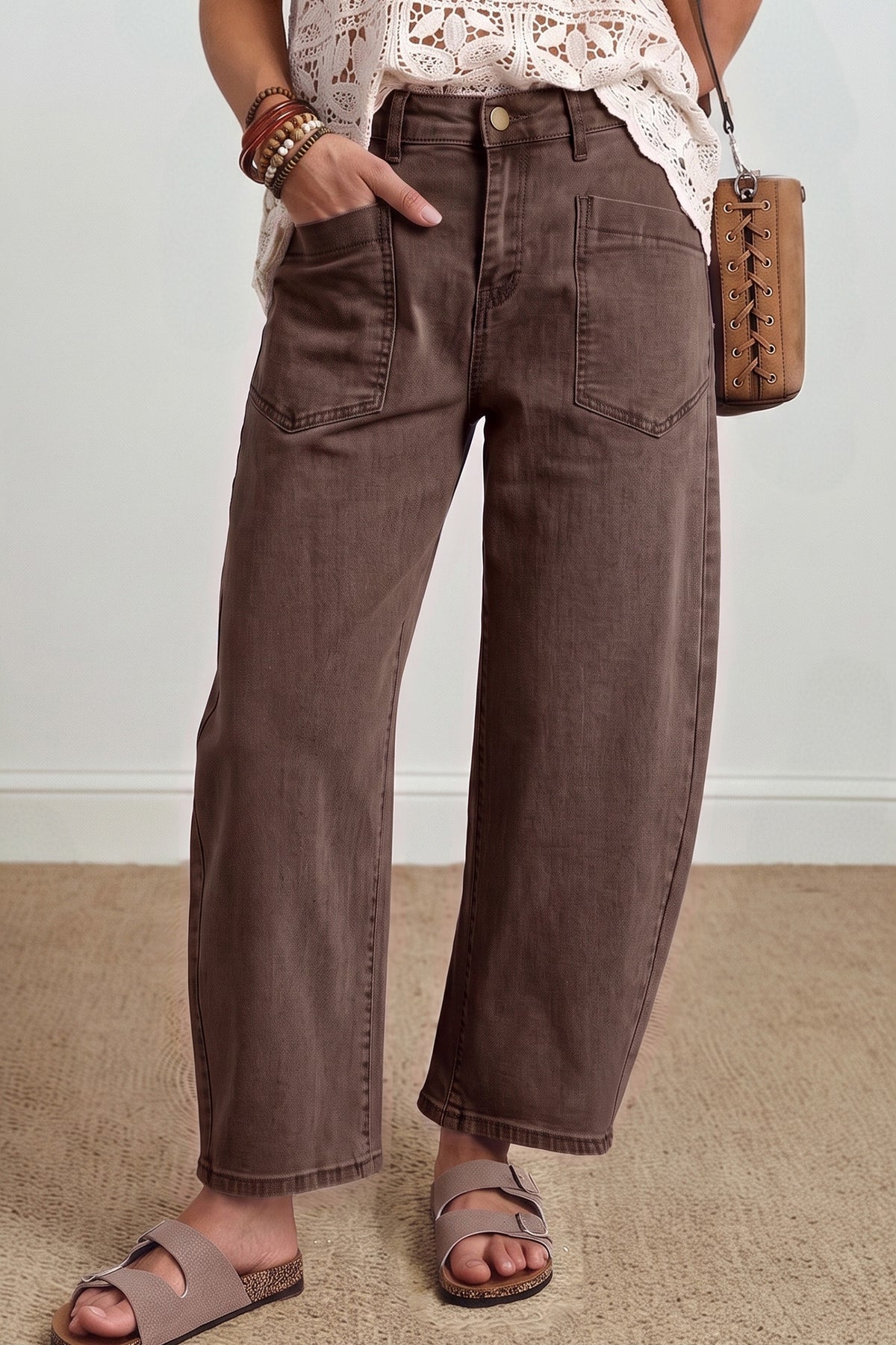 Coffee Solid Color Barrel Jeans