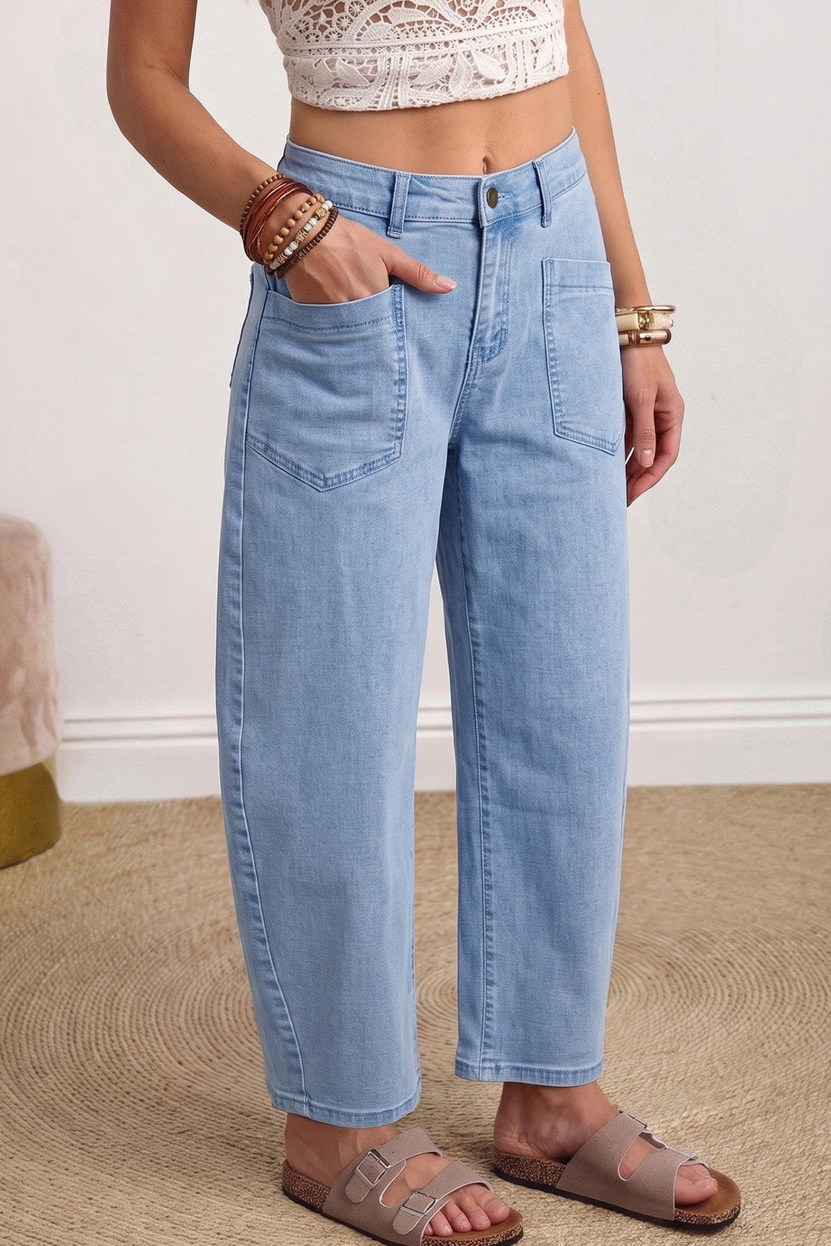 Coffee Solid Color Barrel Jeans