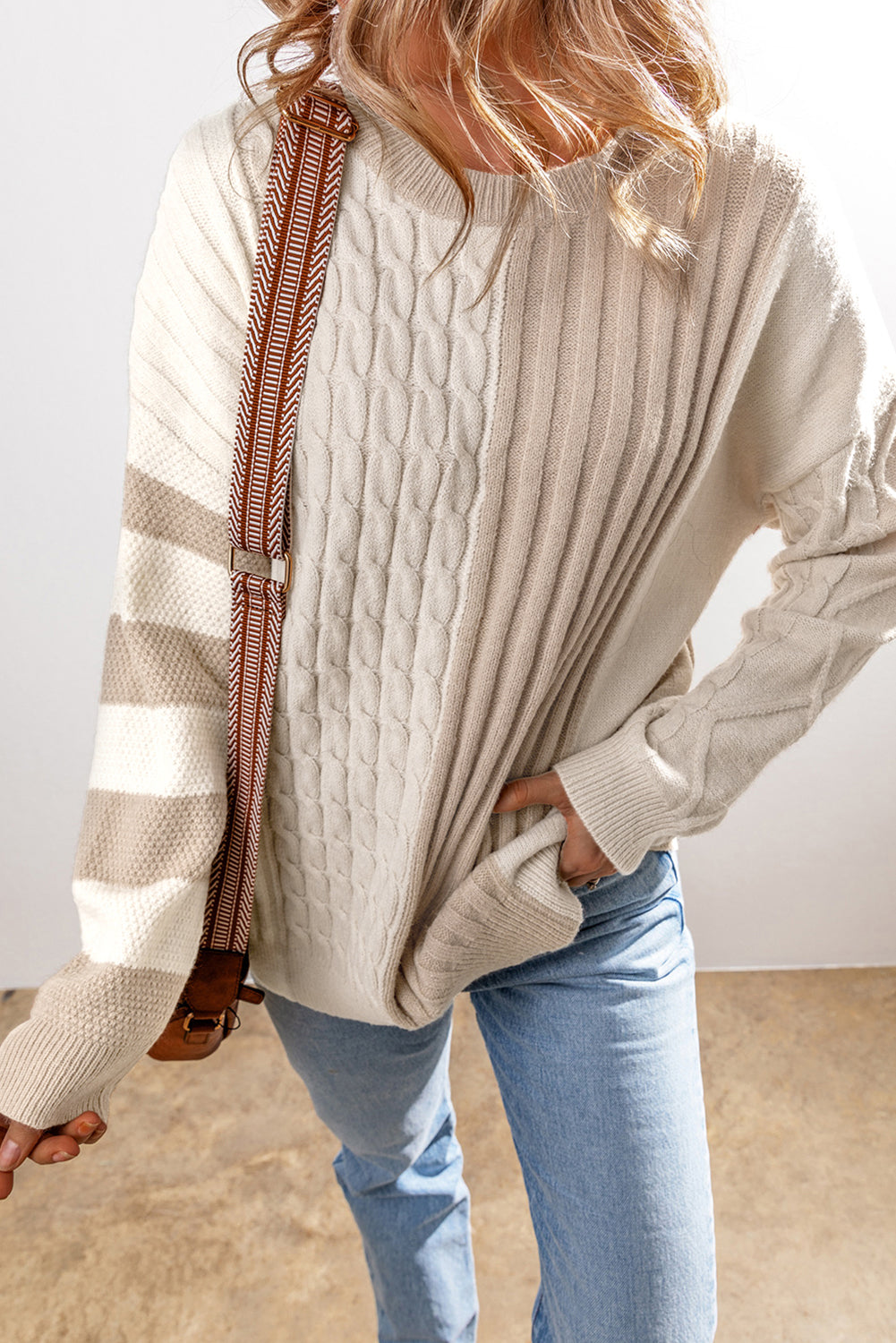 Khaki Cable Knit Colorblock Crew Neck Sweater