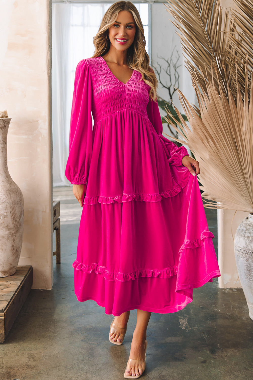 Rose Red Shirred Velvet Dress