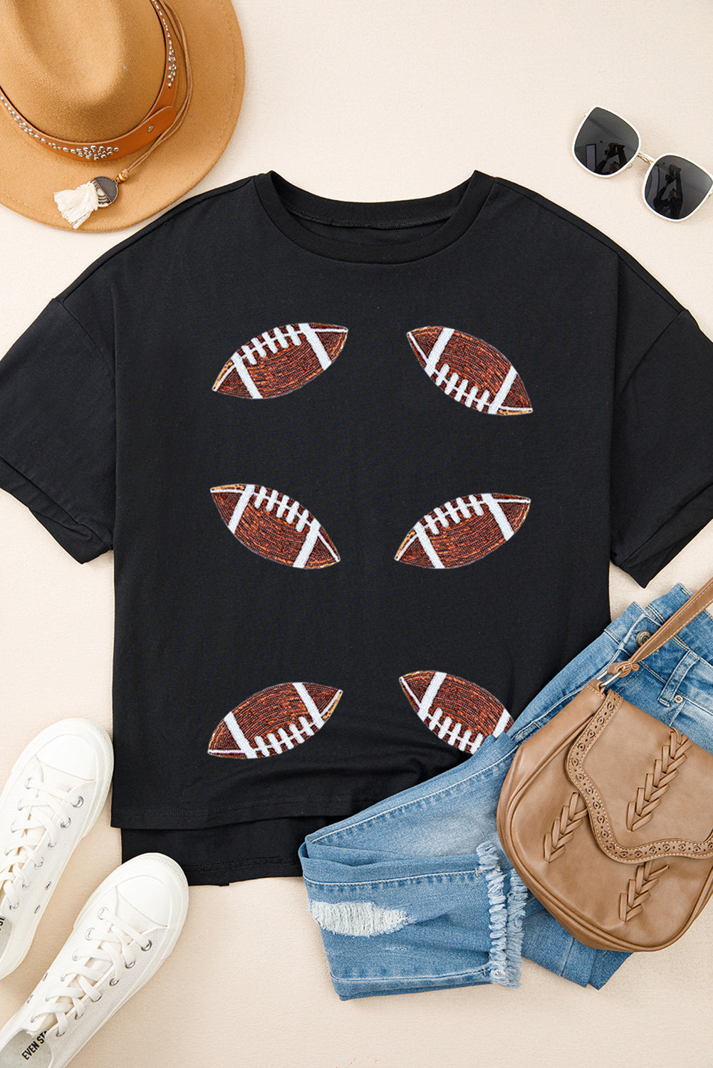 Black Sequin Football Tee