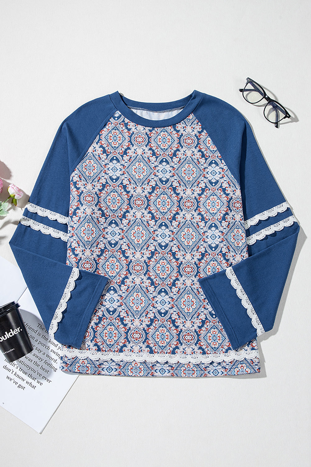 Blue Geometric Printed Lace Long Sleeve Top