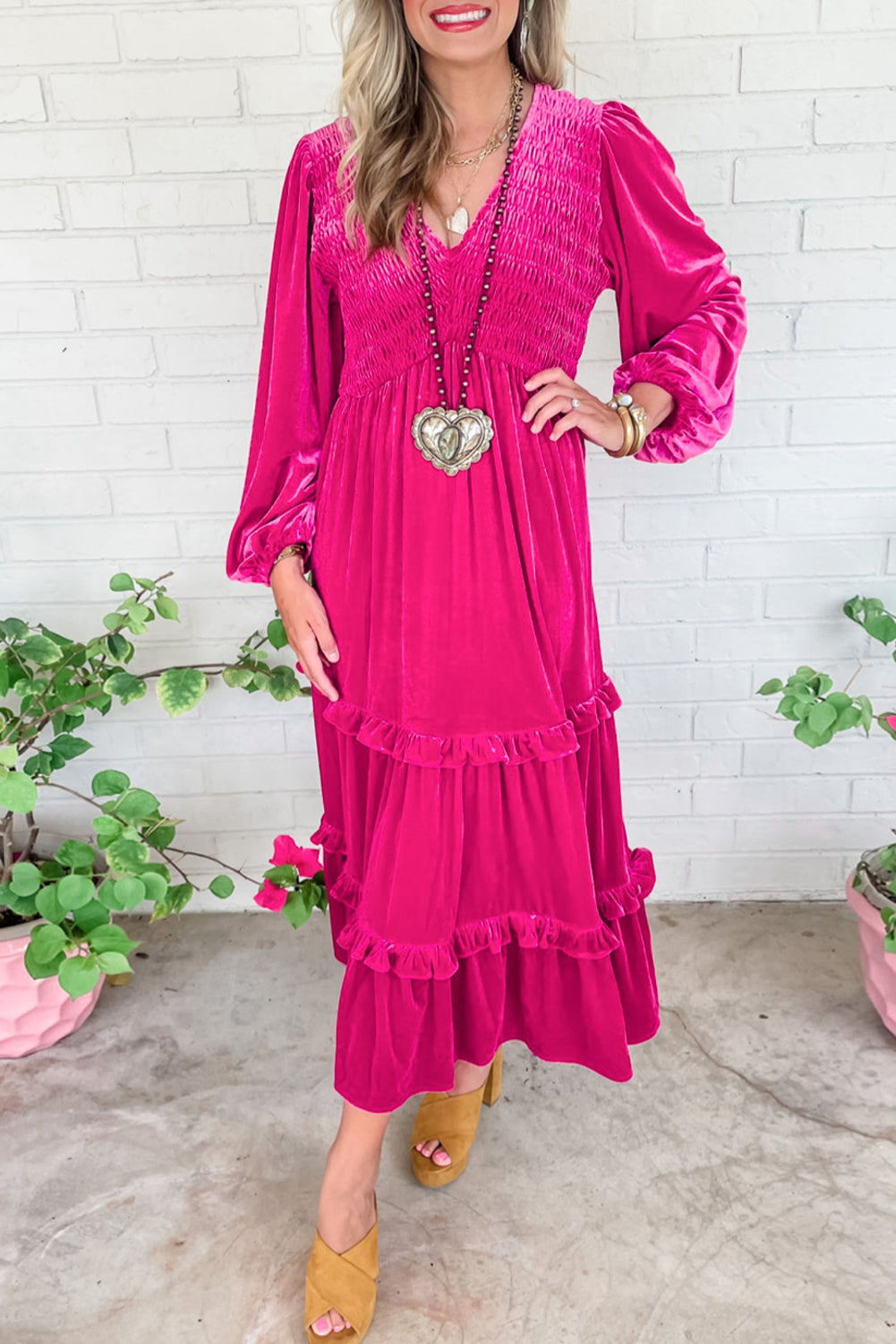 Rose Red Shirred Velvet Dress