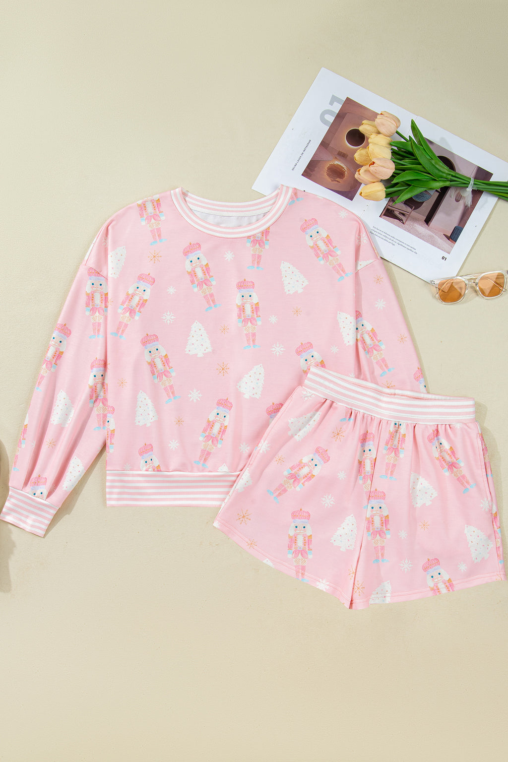 Pink Christmas Tree Nutcracker Doll Print Contrast Trim Long Sleeve Top Matching Shorts Set