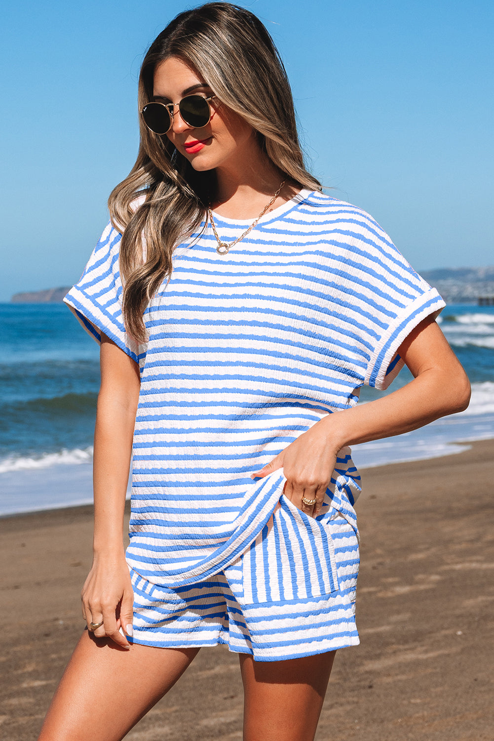 Pink Stripe Knitted Short Sleeve Top and Drawstring Shorts Set