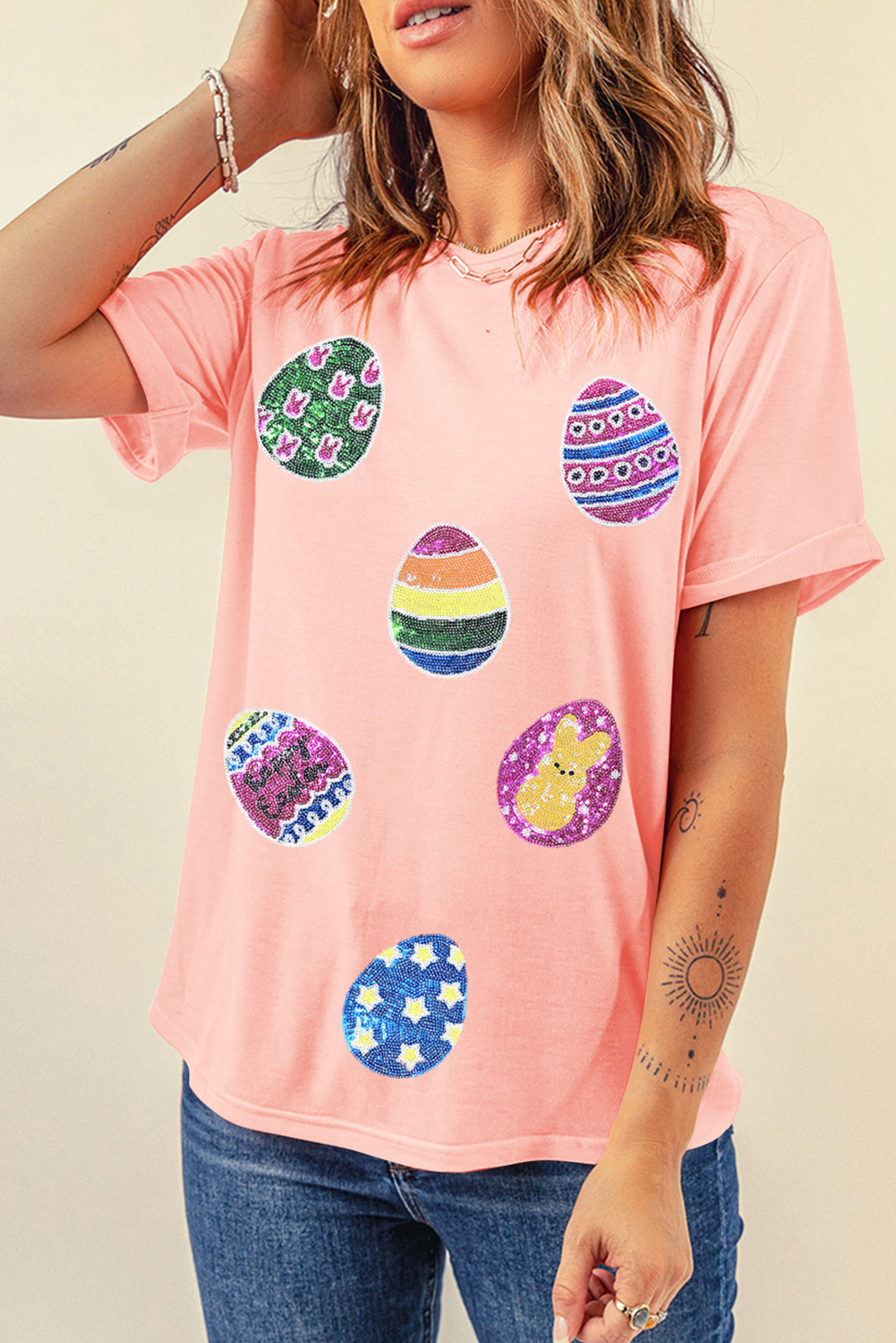 Pink Sequin Easter Eggs Graphic Crewneck T Shirt