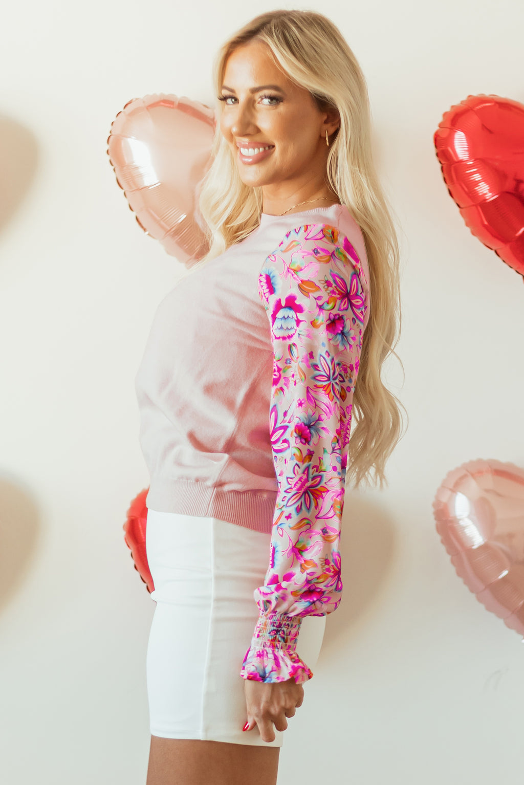 Oatmeal Floral Printed Patchwork Knit Top