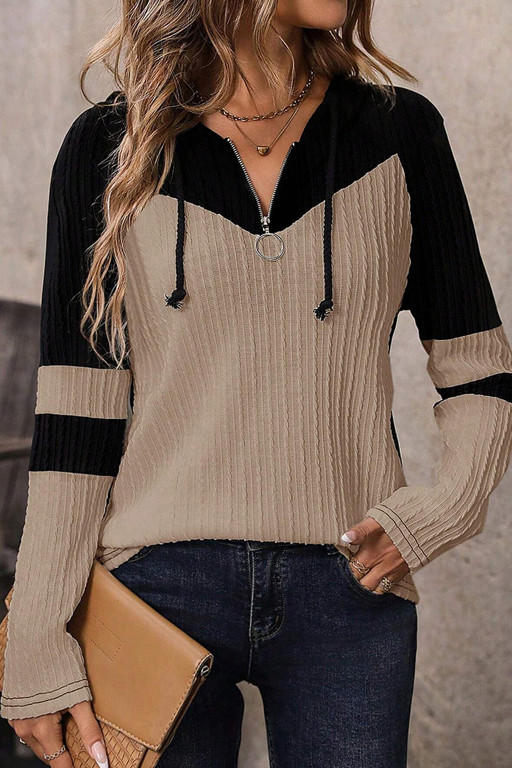Parchment Textured Drawstring Hooded Top