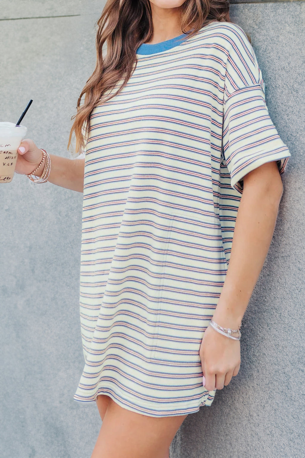 White Stripe Drop Shoulder Cuffed Sleeve Loose Tunic T Shirt Mini Dress