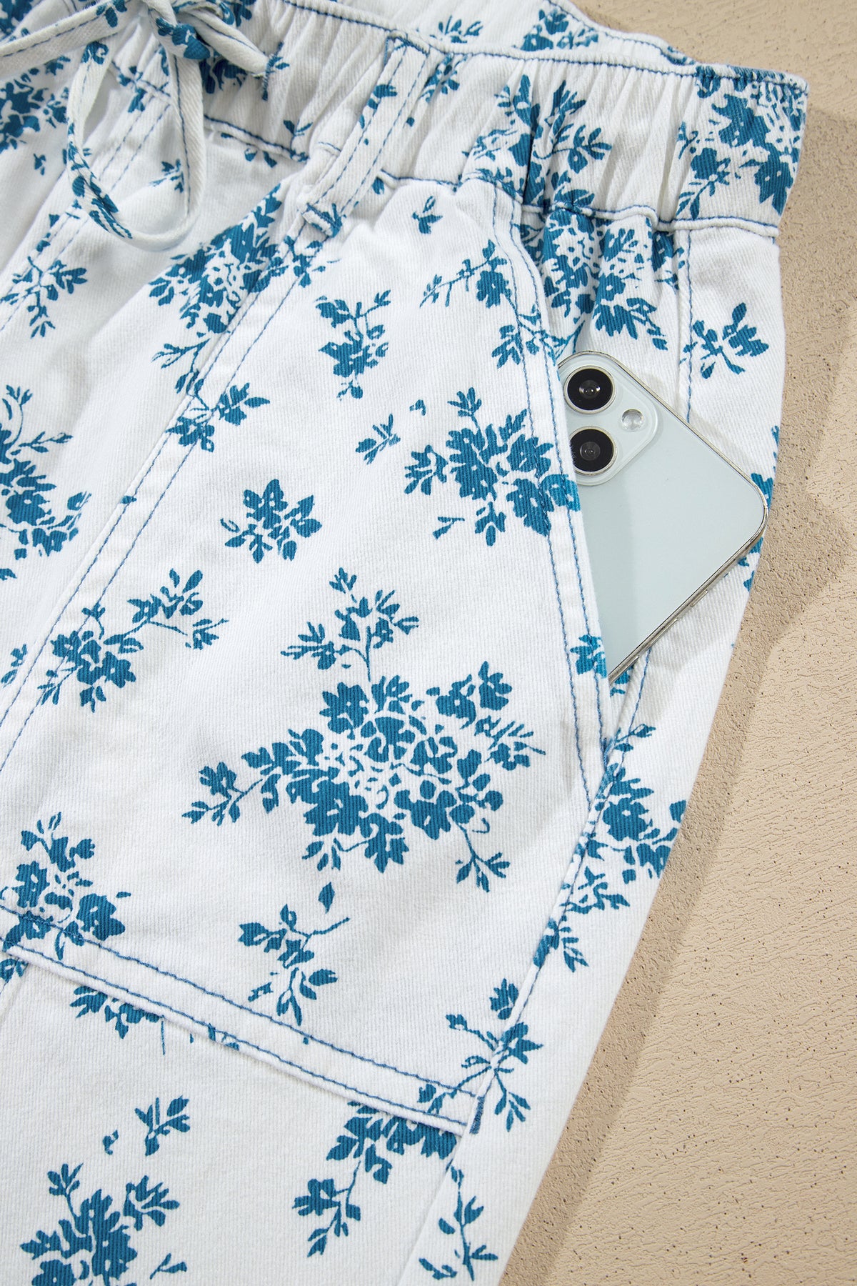 Sky Blue Floral Print Straight Leg Jeans