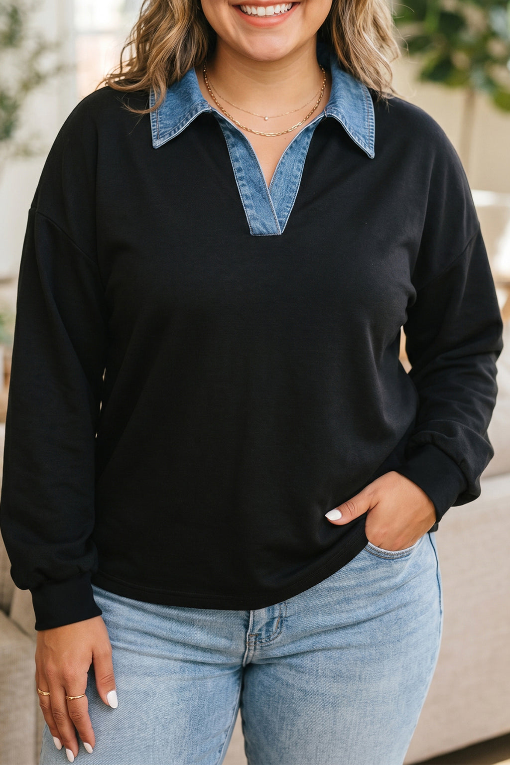 Black Plus Size V-Neck Blouse