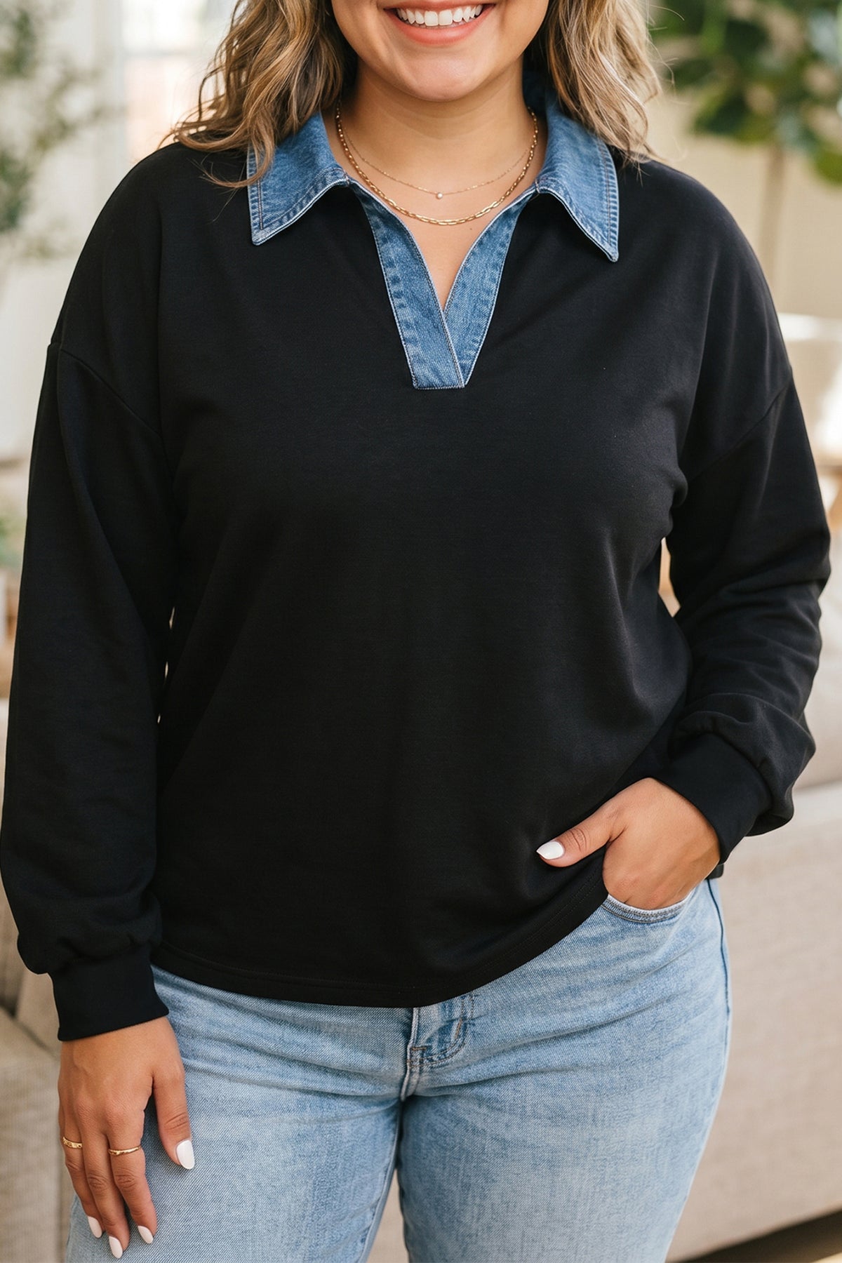 Black Plus Size V-Neck Blouse