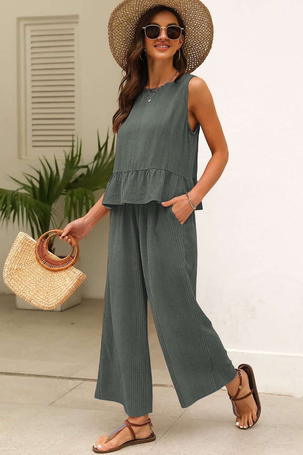 Duffel Green Solid Color Ribbed Ruffle Tank Top and Pants Set