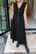 Black Polka Dot Print Contrast Trim V Neck Zip Up Sleeveless Dress