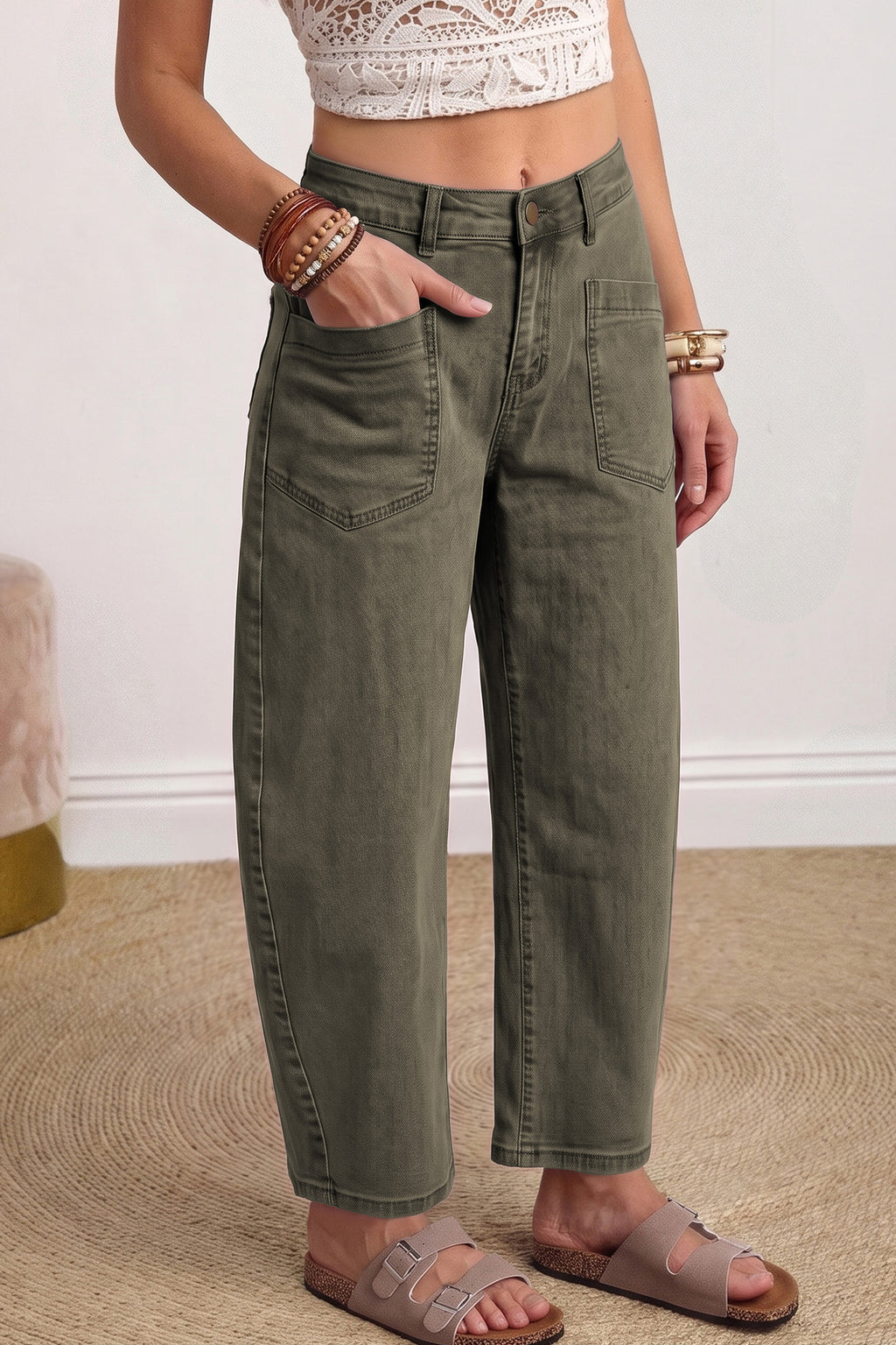 Coffee Solid Color Barrel Jeans