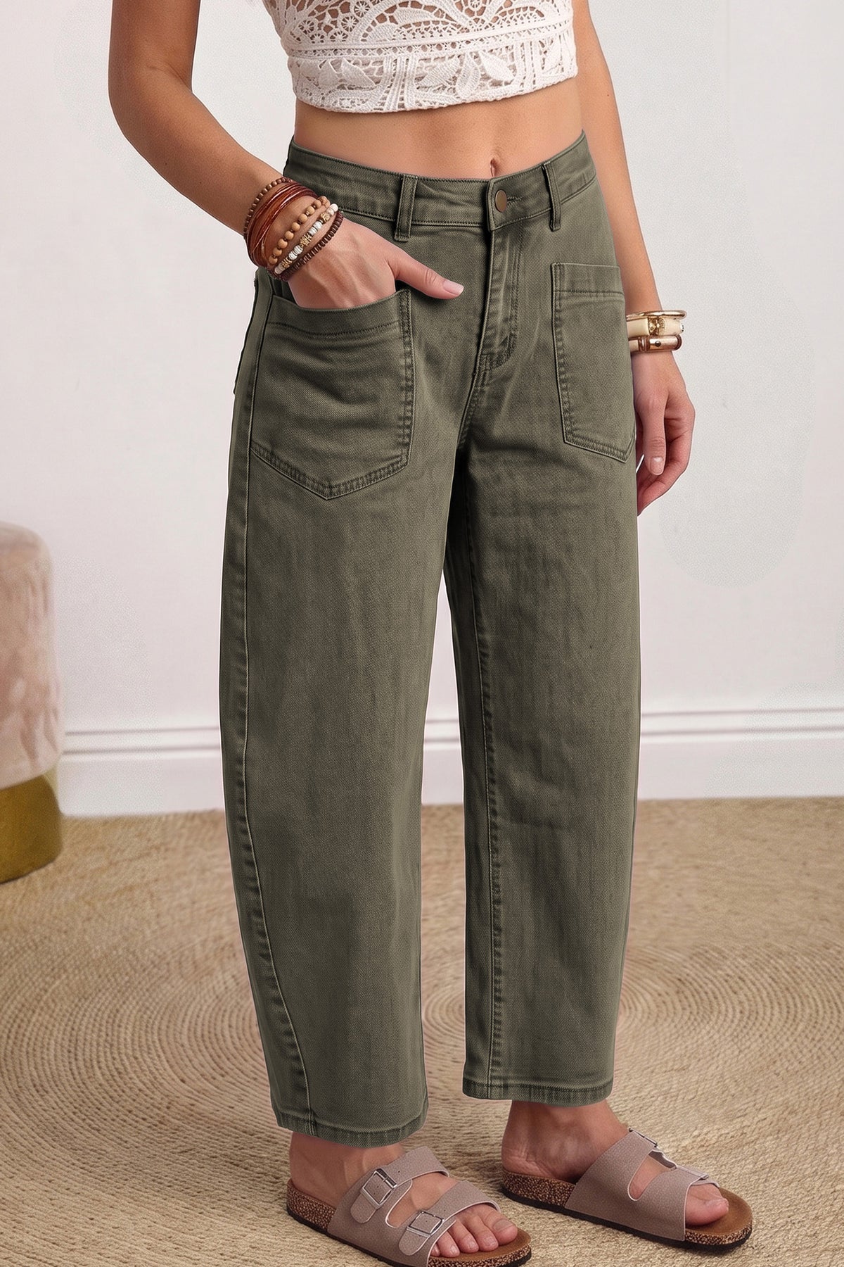 Coffee Solid Color Barrel Jeans