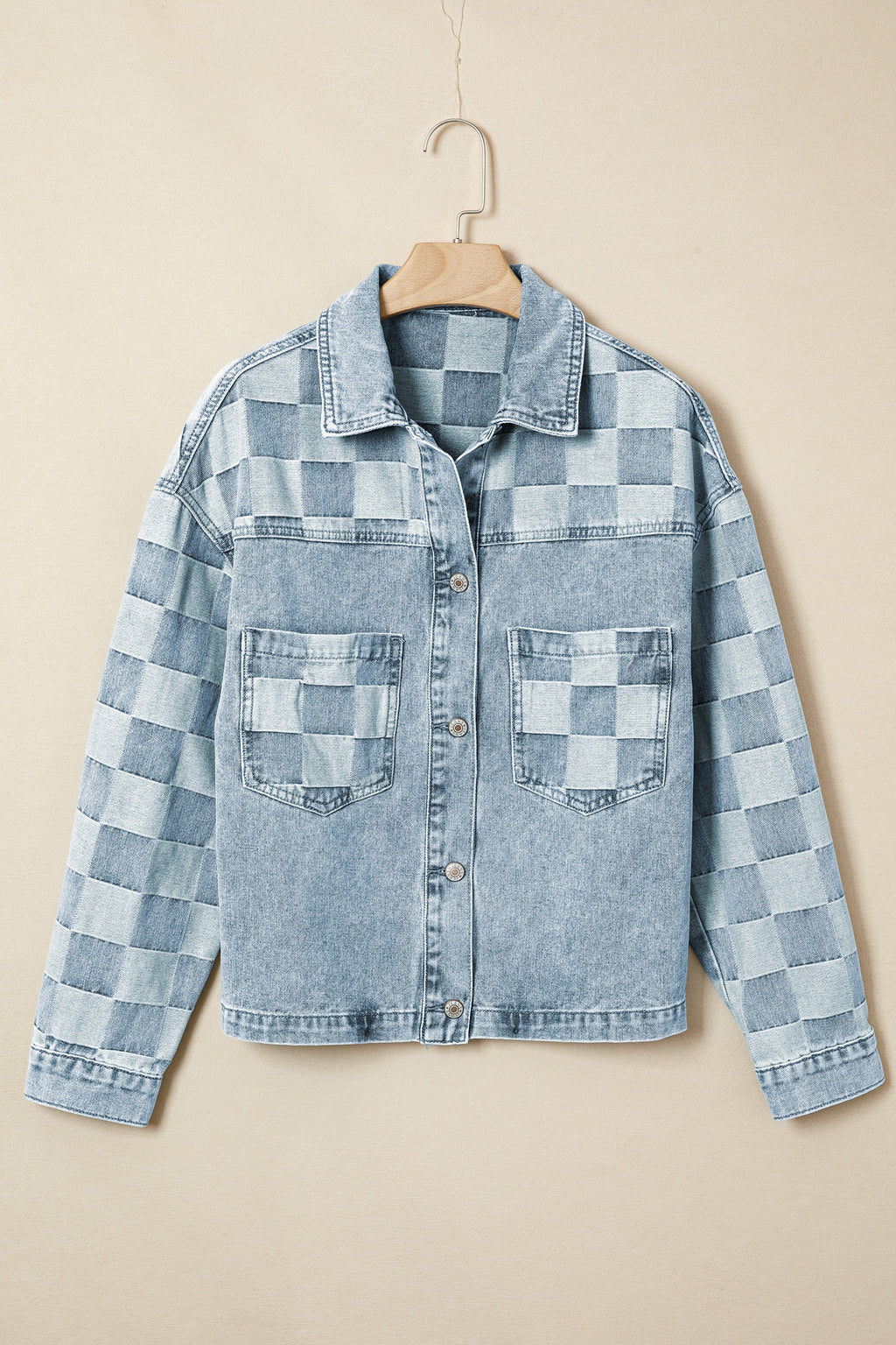 Beau Blue Denim Checkered Pattern Casual Jacket