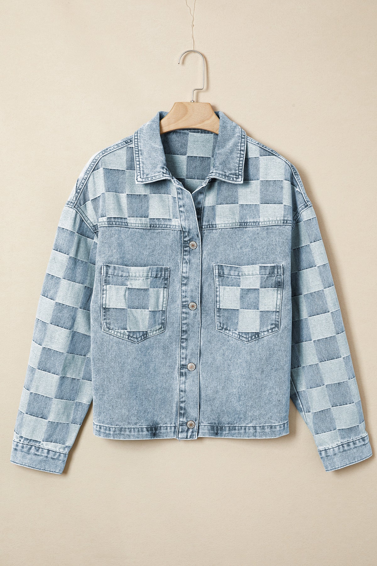 Beau Blue Denim Checkered Pattern Casual Jacket