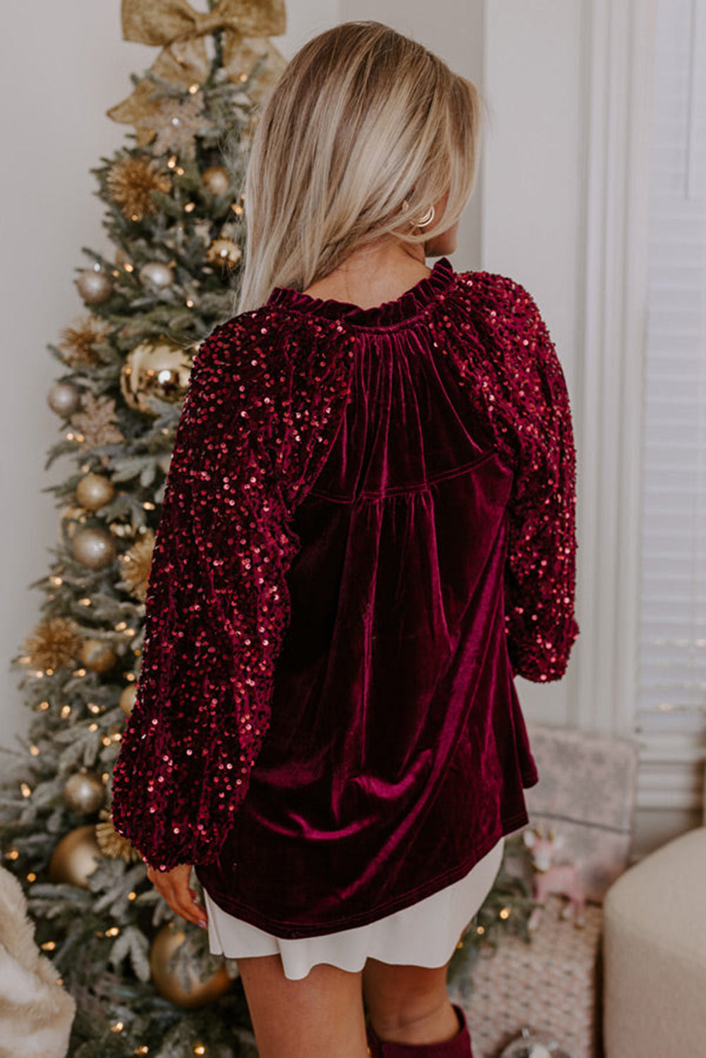 Red Dahlia Sequin Patchwork Button Up Velvet Top