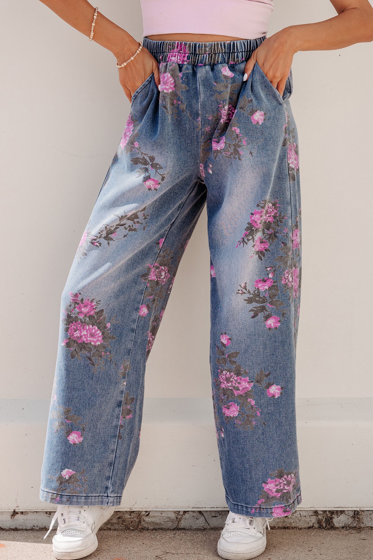 Beau Blue Floral Print Casual Jeans
