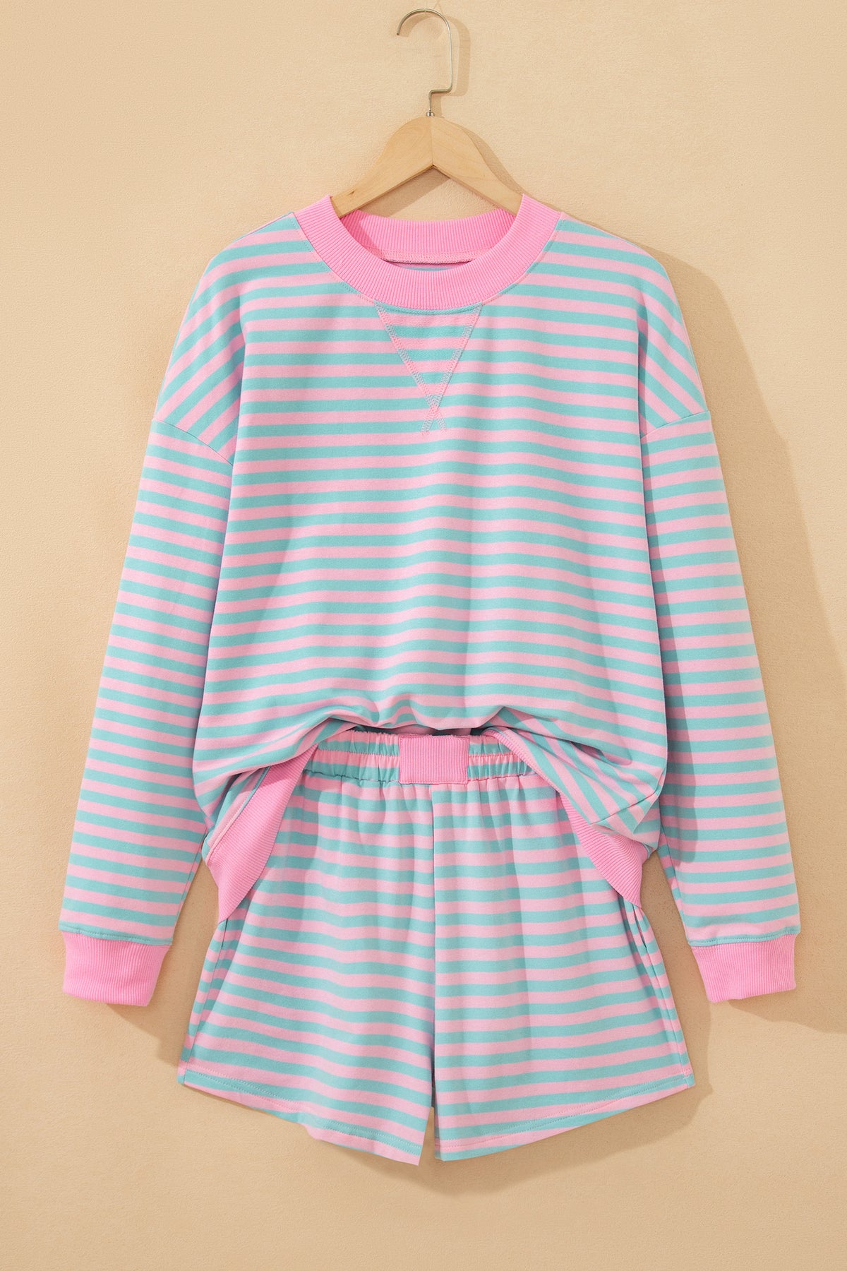Pink Stripe Color Block Shorts 2pcs Set