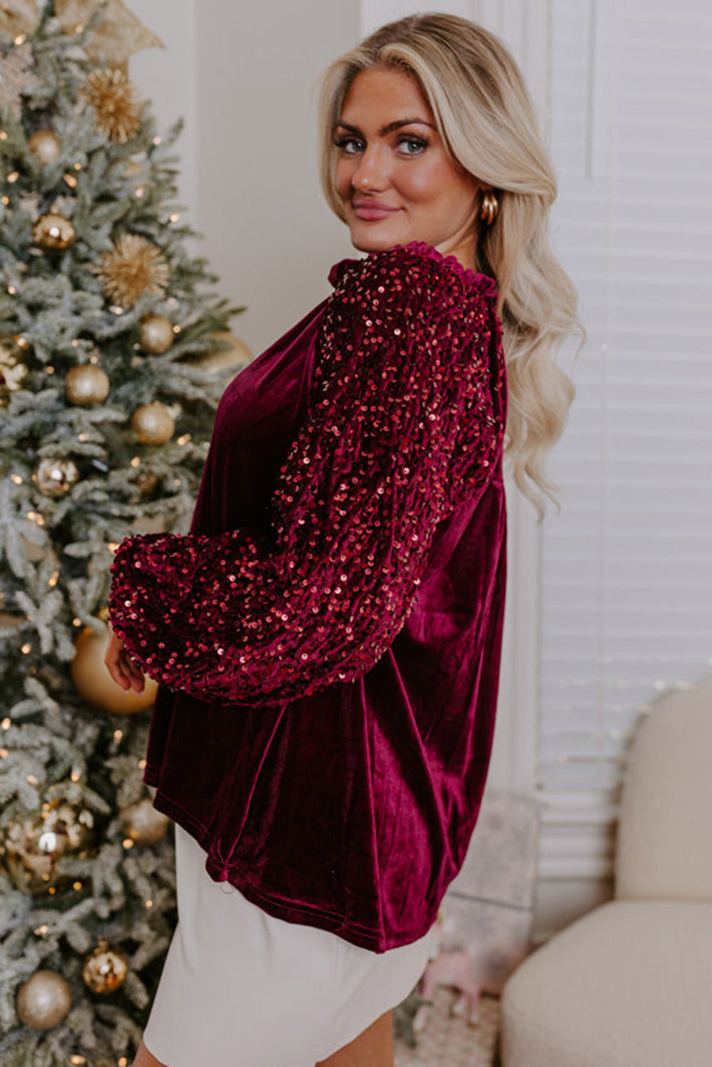 Red Dahlia Sequin Patchwork Button Up Velvet Top