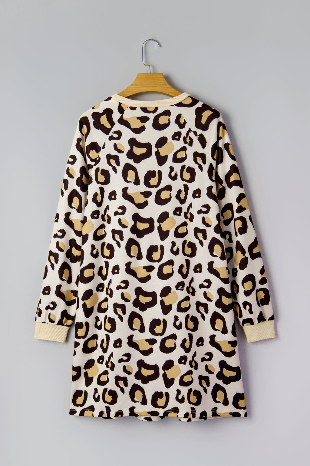 Khaki Leopard Long Sleeve Shift T Shirt Dress with Pockets