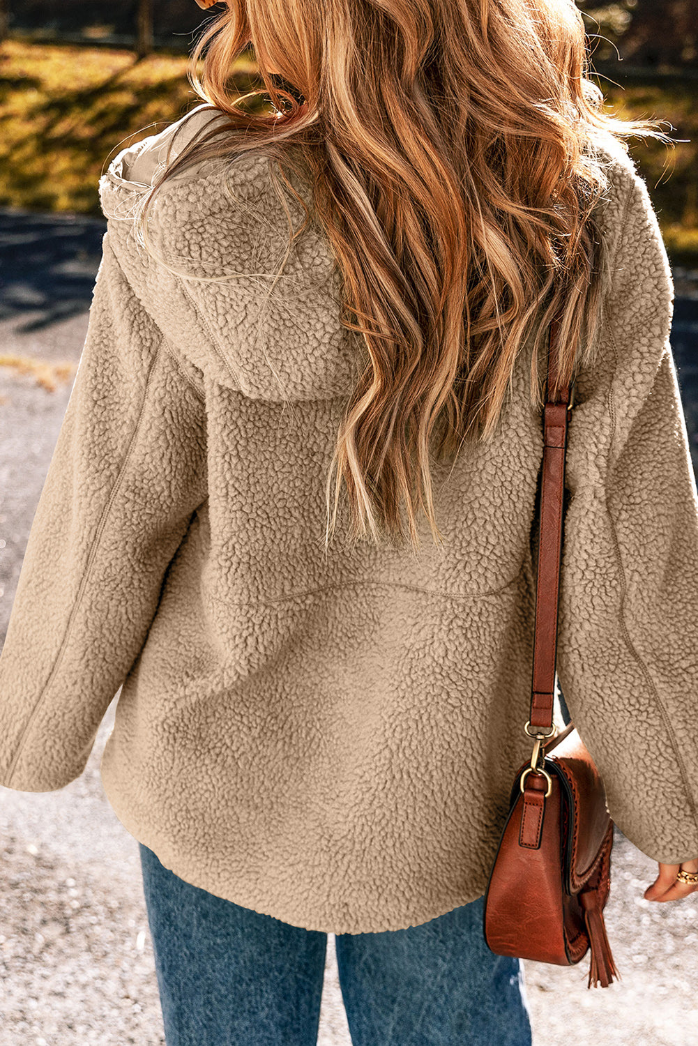 Pale Khaki Fleece Zip Up Drawstring Jacket