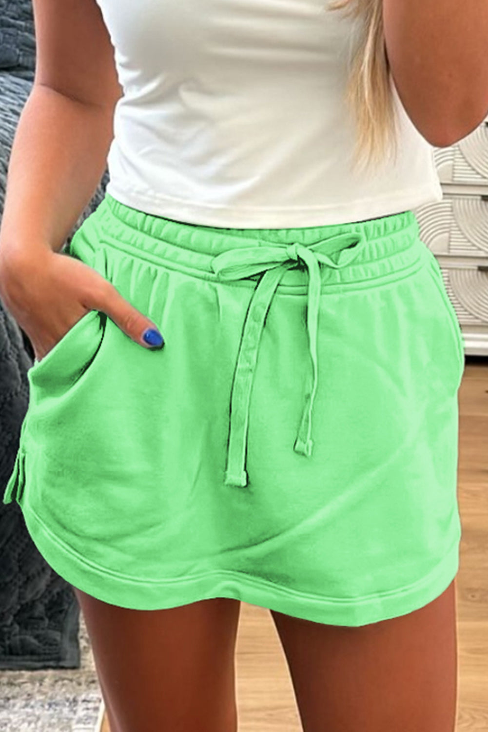 Light Green French Terry Drawstring Elastic Waistband Mini Skort with Pockets