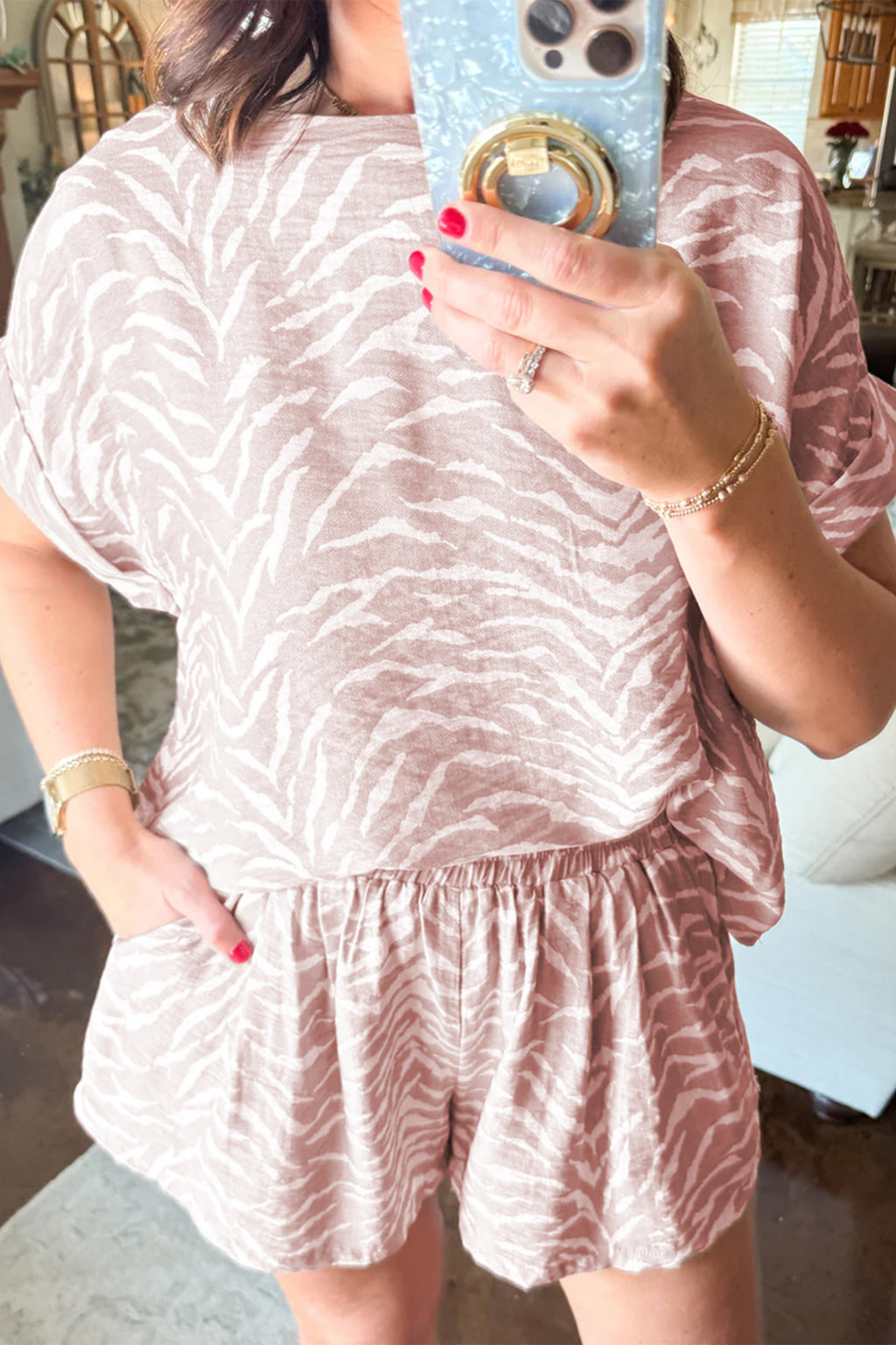 Khaki Abstract Print Cuffed Short Sleeve Loose Top Short Set