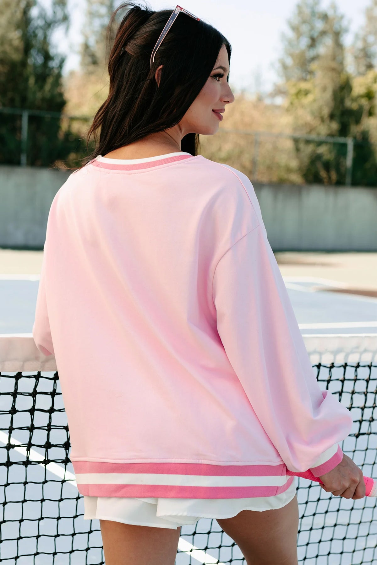 Pink Embroidered Tennis Pullover Sweatshirt