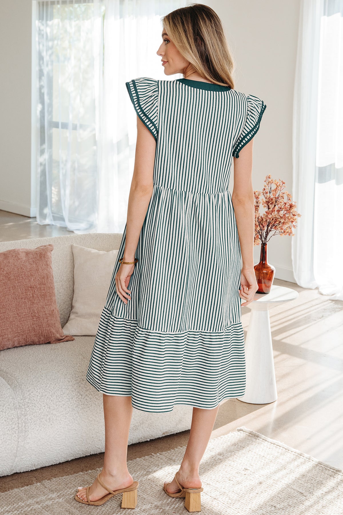 Green Stripe Double Ruffled Short Sleeve Contrast Trim V Neck Midi Dress