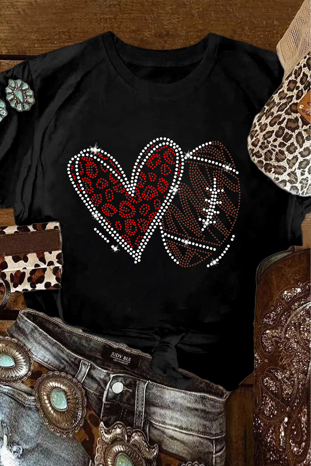Black Rhinestone Football Heart Tee