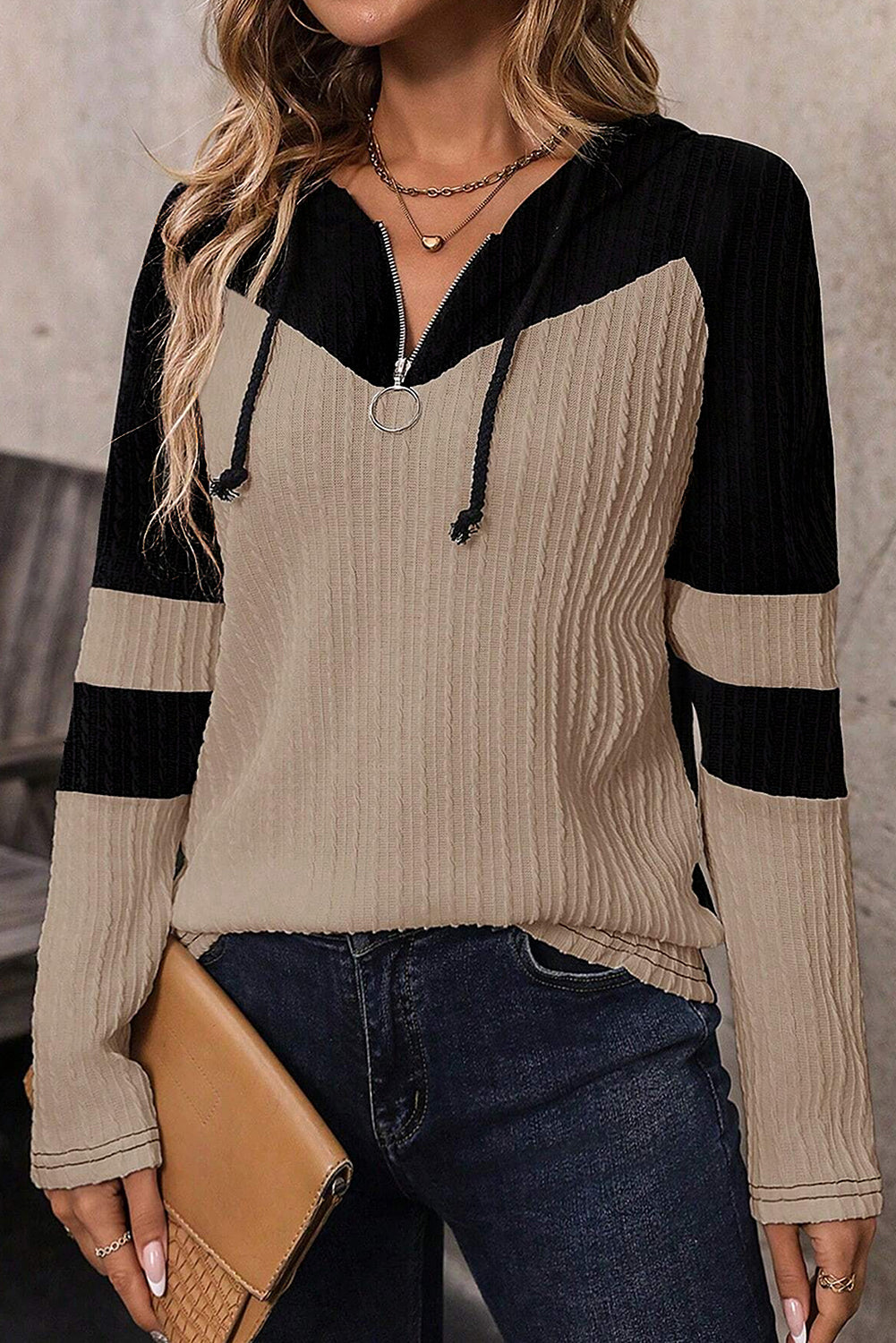 Parchment Textured Drawstring Hooded Top