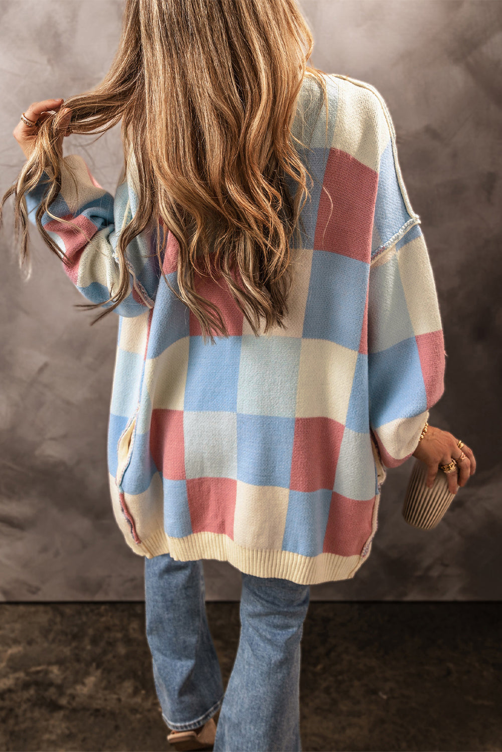 Light Blue Checkered Drop Shoulder Cardigan
