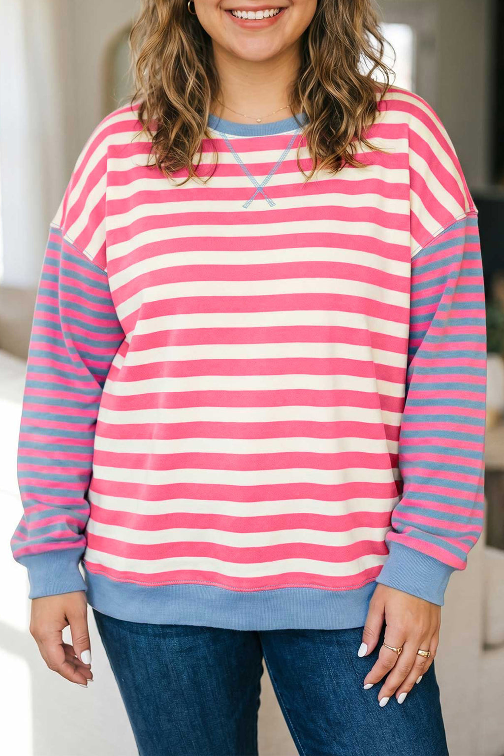 Pink Stripe Plus Size Sweatshirt