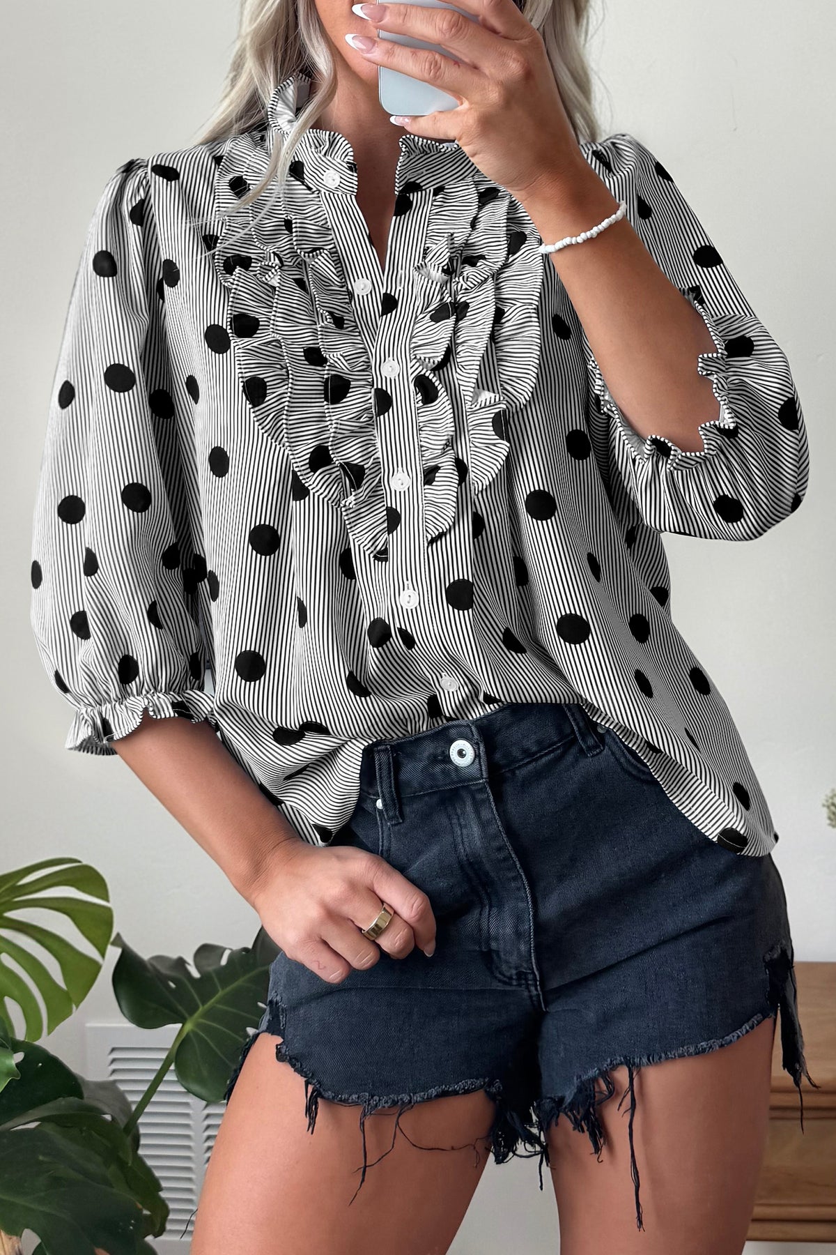 Sky Blue Polka Dot Print Ruffle Stand Neck 3/4 Sleeve Shift Shirt