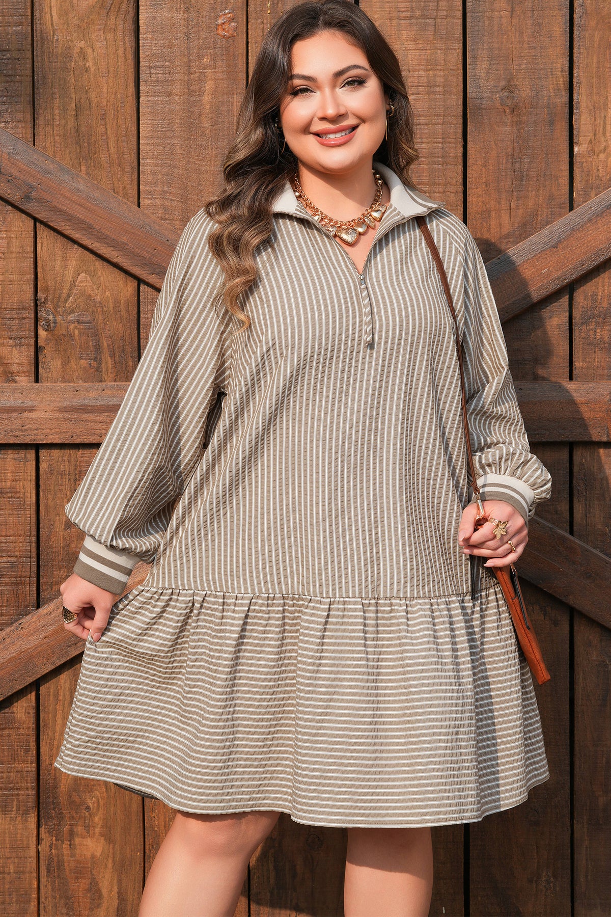 Khaki Stripe Zip up Collared Puff Sleeve Ruffled Plus Size Mini Dress