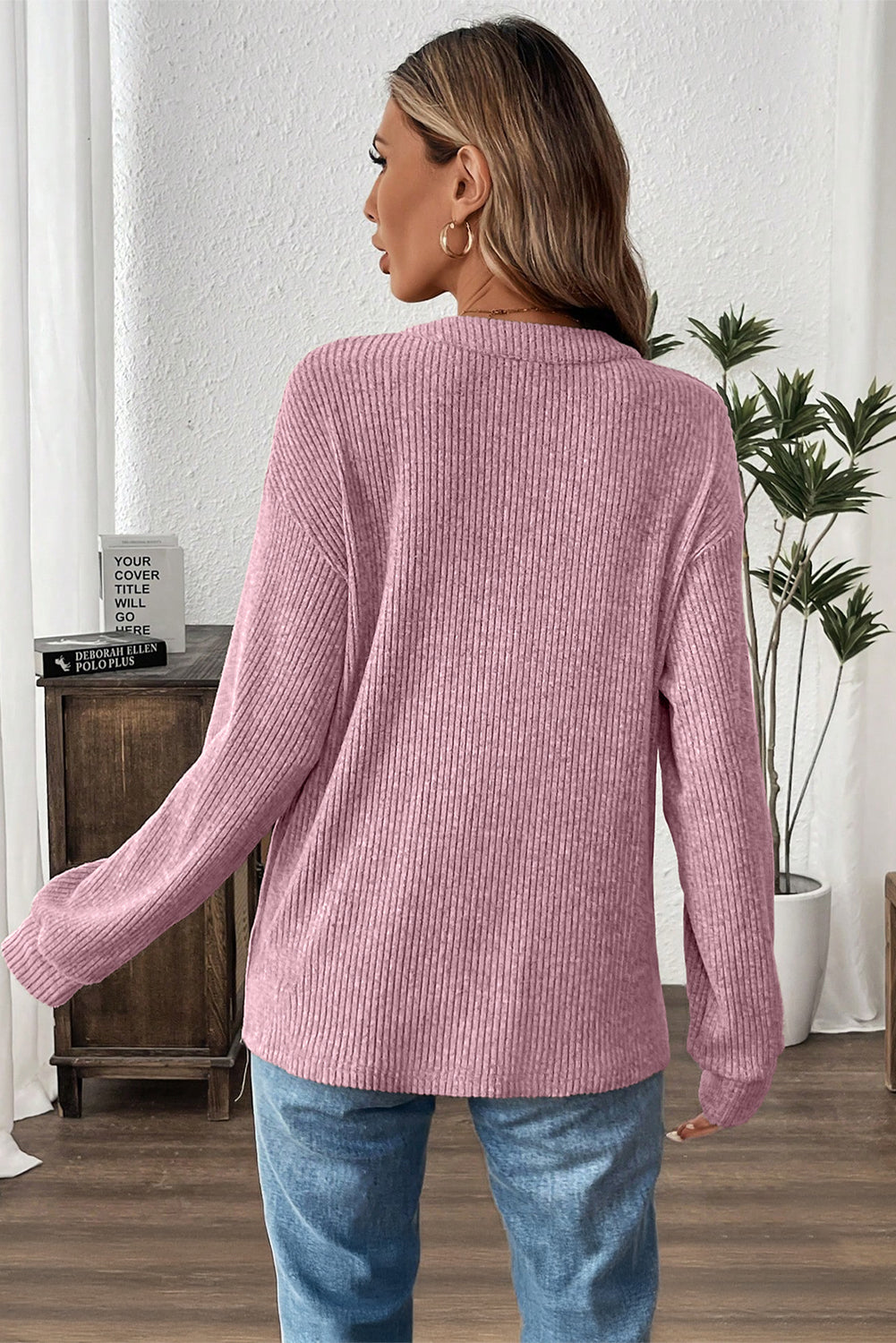 Pink Ribbed Texture Drop Shoulder Henley Knit Top