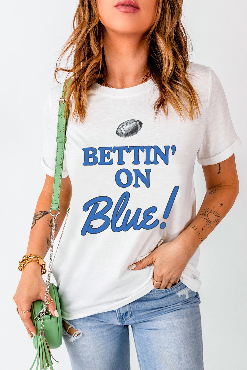White Bettin’ on Blue Football Tee