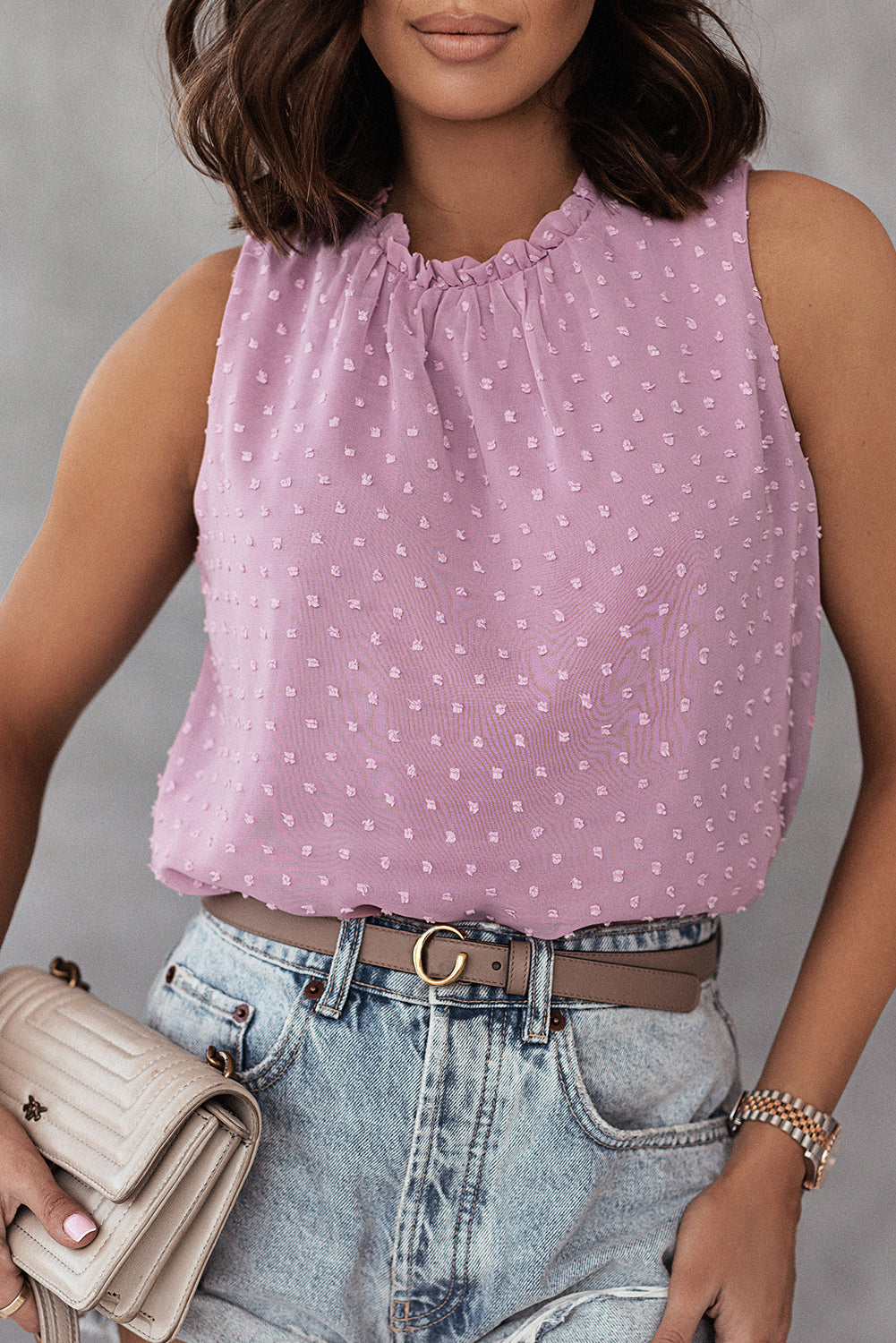 Pink Swiss Dot Sleeveless Ruffle Tank