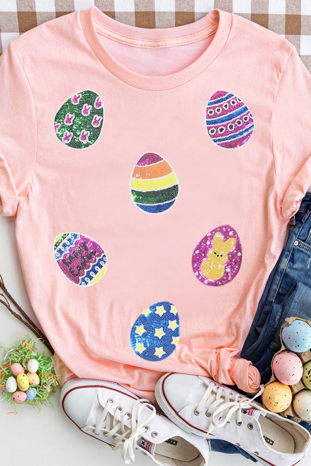 Pink Sequin Easter Eggs Graphic Crewneck T Shirt