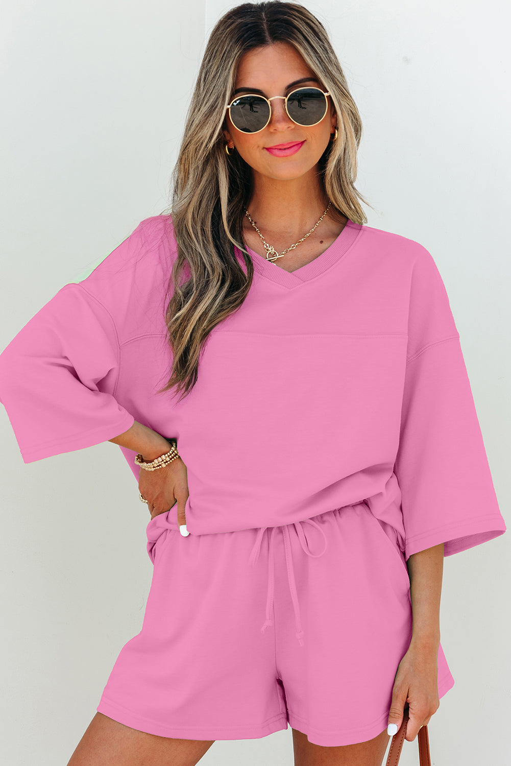 Bonbon Solid Loose V Neck Half Sleeve Tee and Shorts