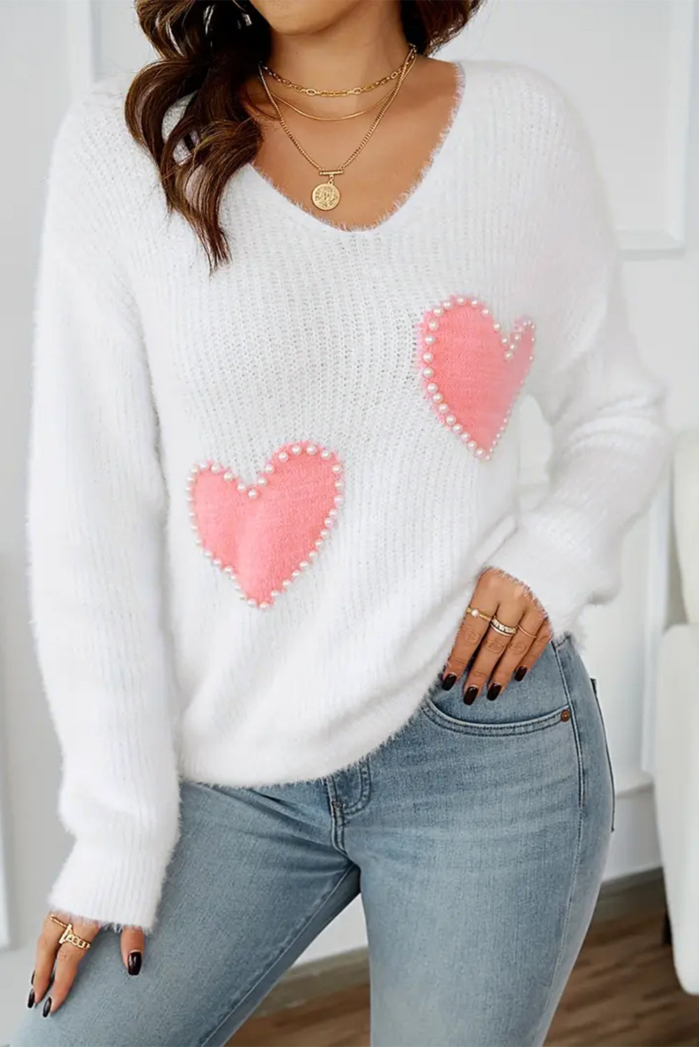 White Pearl Beaded Sweater