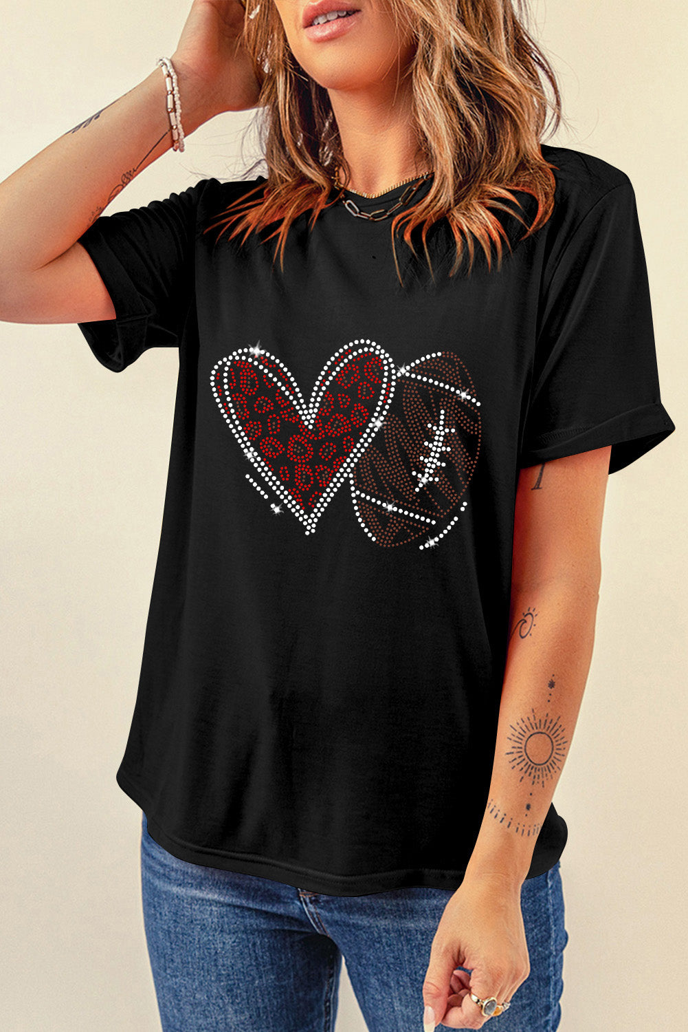 Black Rhinestone Football Heart Tee