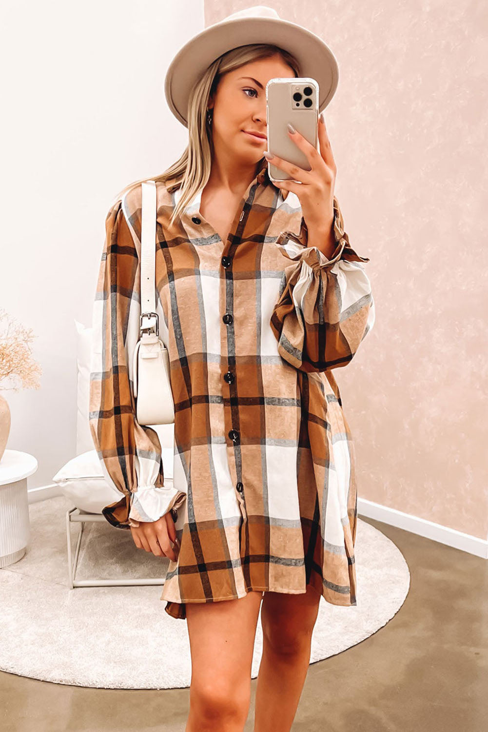Khaki Plaid Pattern Shirt Dress