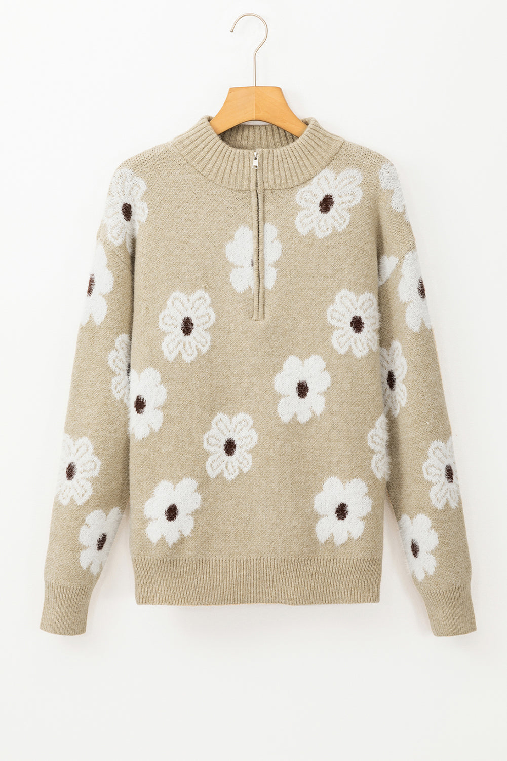 Pink Floral Pattern Half Zip Drop Shoulder Sweater